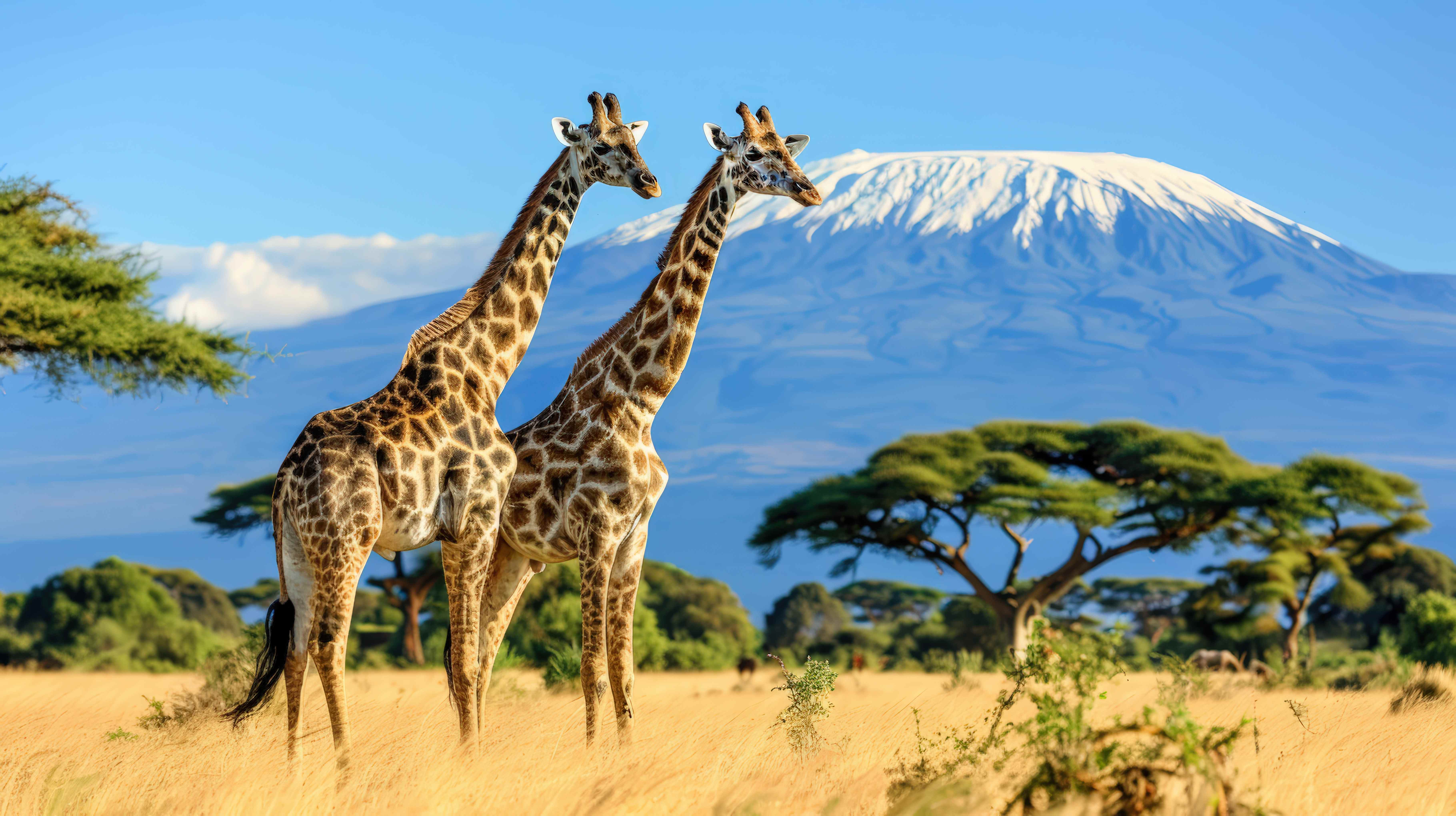 Giraffe silhouette against Mount Kilimanjaro at sunset